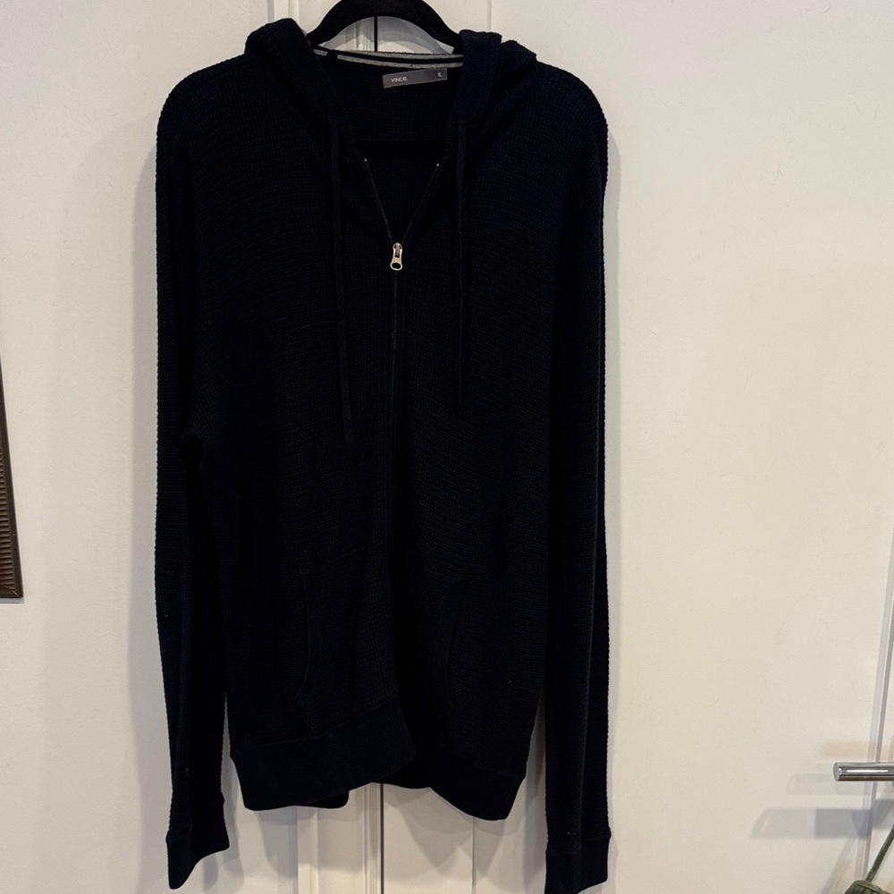 Vince Men's Waffle Knit Zip-Up Hoodie, Navy, XL